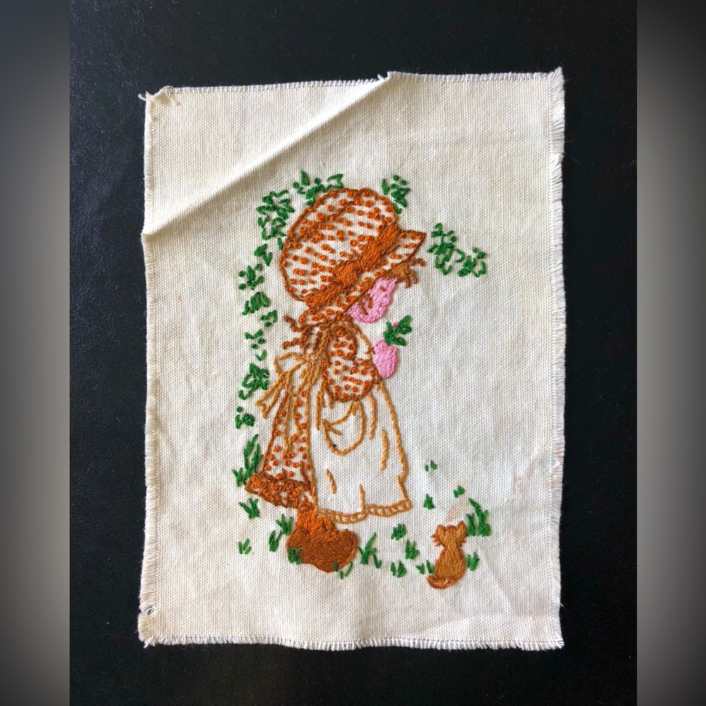Vintage Embroidered Piece “Girl with Cat” Unframed 8.5”x6,5” Finished Handmade